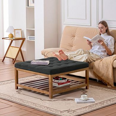 Storage Ottoman Coffee Table with Tufted Cushion, Solid Wood Frame
