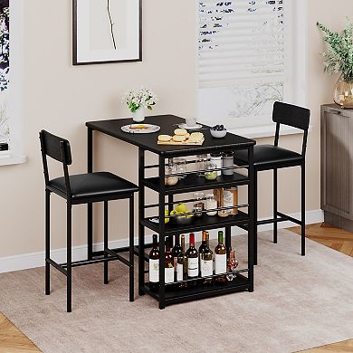 Kitchen Bar Table Dining Set with Storage Shelves and 2 Stools