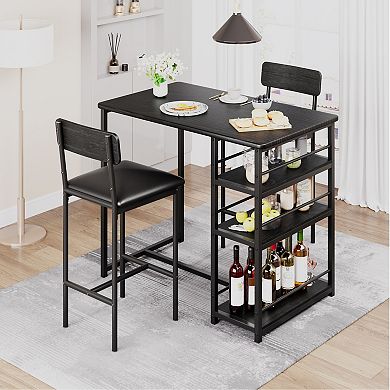 Kitchen Bar Table Dining Set with Storage Shelves and 2 Stools