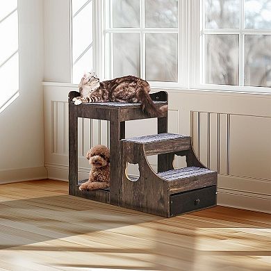 Double-Level Pet Perch with Ladder and Drawer for Small and Medium Pets