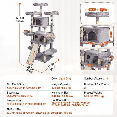 Plush Multi-Level Cat Tree for 15 Cats with Condos, Perches, Hammocks, and Toys