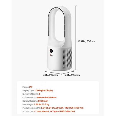 Portable Bladeless Desk Fan with 6 Speeds and LCD Display