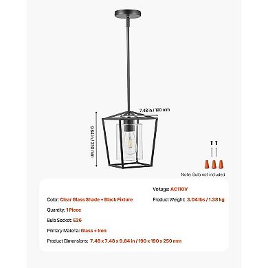 Vintage Cage Pendant Light Metal Frame Glass Shade Adjustable