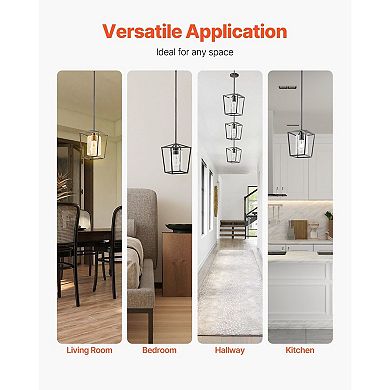 Vintage Cage Pendant Light Metal Frame Glass Shade Adjustable