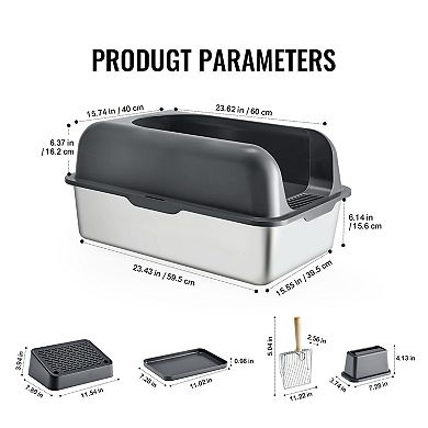 Stainless Steel Cat Litter Box with High Sides Cover Top and Scoop for Multi-Cat Homes