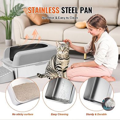Stainless Steel Cat Litter Box with High Sides Cover Top and Scoop for Multi-Cat Homes