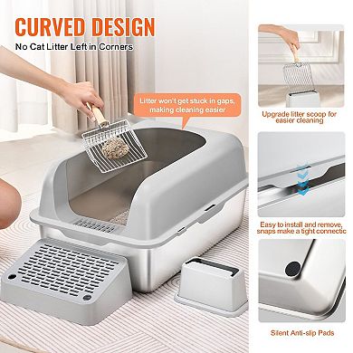 Stainless Steel Cat Litter Box with High Sides Cover Top and Scoop for Multi-Cat Homes