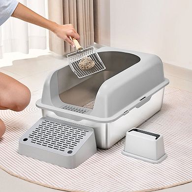 Stainless Steel Cat Litter Box with High Sides Cover Top and Scoop for Multi-Cat Homes