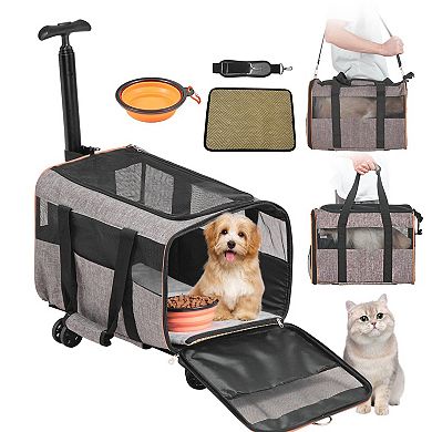 Portable Cat Carrier with Shoulder Straps, Backpack, and Rolling Wheels