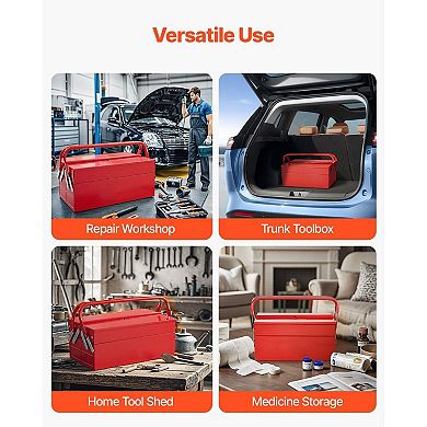 Portable Metal Tool Box with Trays and Bottom Compartment, Lock Hole