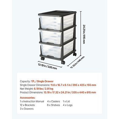 Plastic Storage Drawer Unit with Transparent Drawers and Detachable Wheels