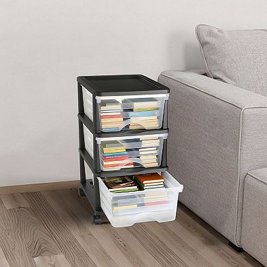 Plastic Storage Drawer Unit with Transparent Drawers and Detachable Wheels