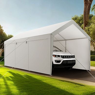 Portable Garage Carport with Removable Sidewalls, Steel Frame, PE Canopy