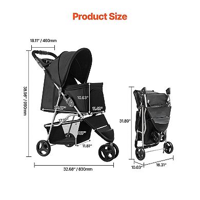 Portable Pet Stroller with Mesh Cabin, Quick-Fold Design, and Storage Basket