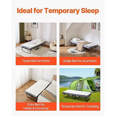 Foldable Rollaway Bed with Foam Mattress, Guest Bed with Wheels