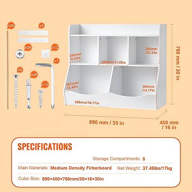 Storage Cabinet with 5 Open Cubbies, MDF Organizer for Books