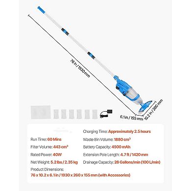 Cordless Handheld Pool Vacuum for Above Ground Pools and Spas, Rechargeable
