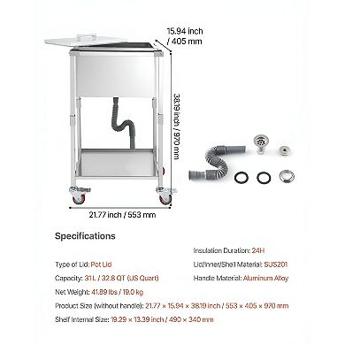 Rolling Beverage Ice Bin, 32.8 Quart Stainless Steel with Drain and Shelf