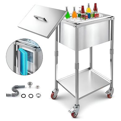 Rolling Beverage Ice Bin, 32.8 Quart Stainless Steel with Drain and Shelf