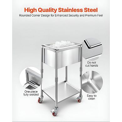 Rolling Beverage Ice Bin, 32.8 Quart Stainless Steel with Drain and Shelf