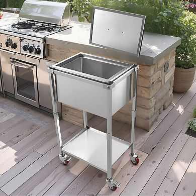 Rolling Beverage Ice Bin, 32.8 Quart Stainless Steel with Drain and Shelf