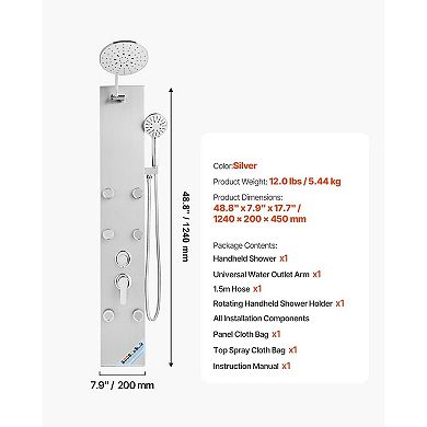 Shower Panel Tower System with Adjustable Rainfall Shower and Massage Jets