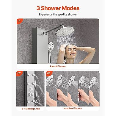 Shower Panel Tower System with Adjustable Rainfall Shower and Massage Jets