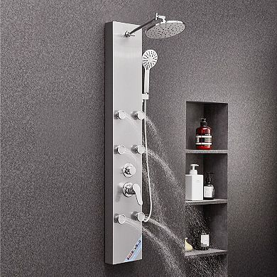 Shower Panel Tower System with Adjustable Rainfall Shower and Massage Jets