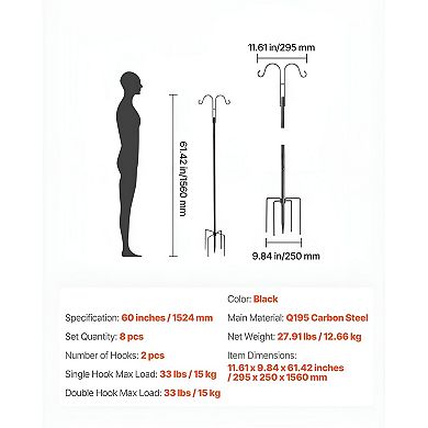 Shepherd Hook Bird Feeder Pole Dual Arm Steel Stand for Plants and Décor