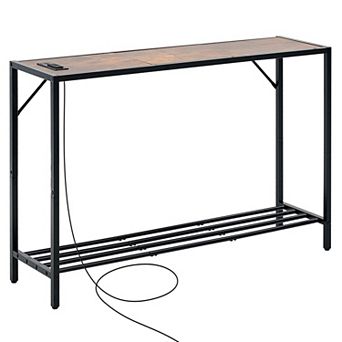 Slim Console Table with Two Layers, Built-In Outlets and USB Ports, Power Cord