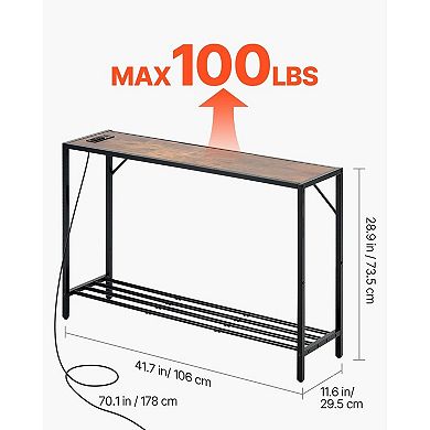 Slim Console Table with Two Layers, Built-In Outlets and USB Ports, Power Cord