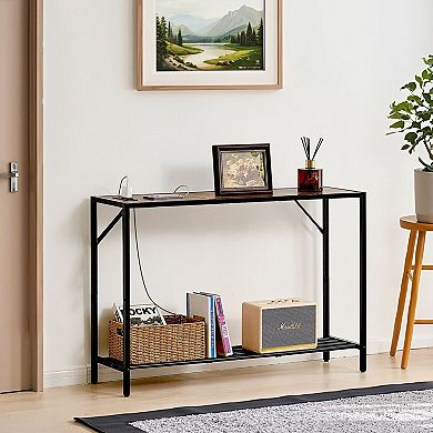 Slim Console Table with Two Layers, Built-In Outlets and USB Ports, Power Cord