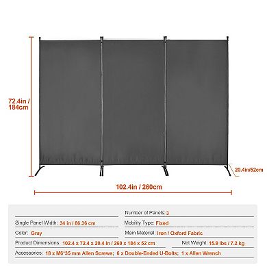 3-Panel Room Divider with Oxford Fabric and Iron Frame for Privacy and Separation