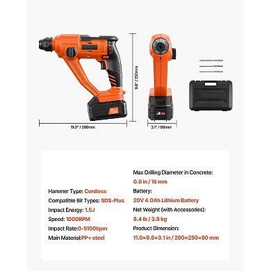 Cordless Rotary Hammer Kit with Battery, Charger, and Carrying Case