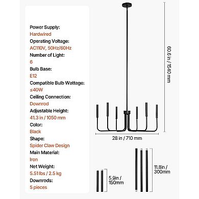 6-Light Metal Chandelier Vintage Adjustable Height for Dining or Kitchen