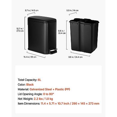 Slim 6L Bathroom Waste Bin with Detachable Inner Bin, Hands-Free Pedal