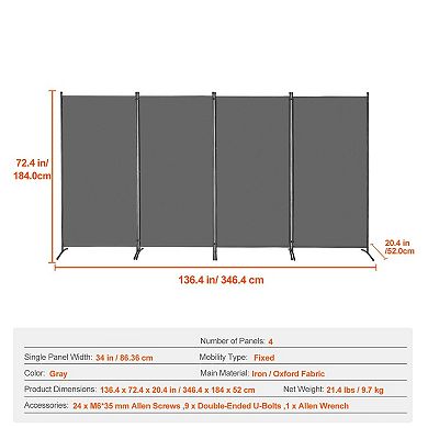 4-Panel Room Divider with Oxford Fabric and Iron Frame for Privacy and Space Separation