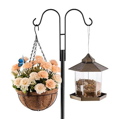 Shepherd Hook Bird Feeder Pole Dual Arm Steel Stand for Plants and Outdoor Decor