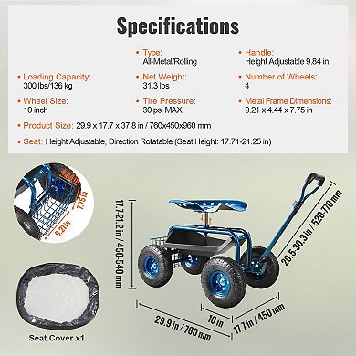Garden Cart with Swivel Seat, Inflatable Wheels, and Tool Storage Basket