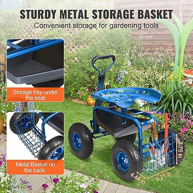 Garden Cart with Swivel Seat, Inflatable Wheels, and Tool Storage Basket