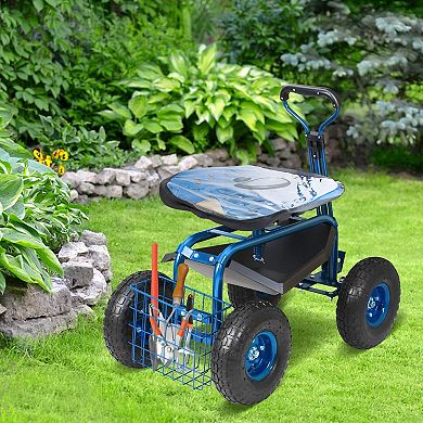 Garden Cart with Swivel Seat, Inflatable Wheels, and Tool Storage Basket