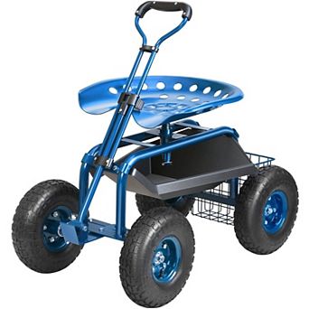 Garden Cart with Swivel Seat, Inflatable Wheels, and Tool Storage Basket