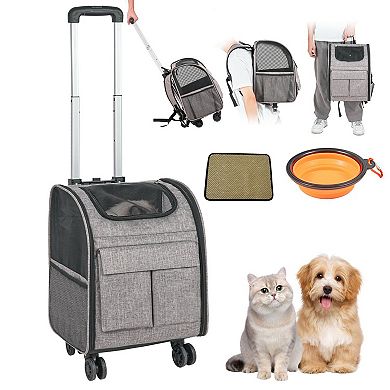 Portable Cat Carrier with Shoulder Straps, Backpack, and Rolling Wheels