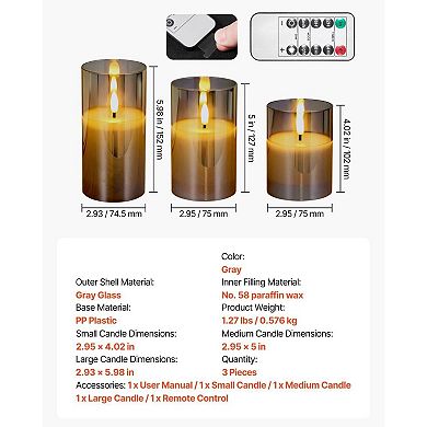 LED Flameless Candles with Remote Control Glass Set of 3