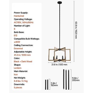 Rustic Farmhouse 6-Light Chandelier Metal Frame Adjustable Height