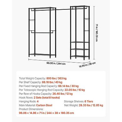 Rolling Clothes Rack with 6 Shelves, 4 Hanging Rods, and 8 Hooks