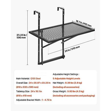 Railing Mounted Folding Balcony Table with 5 Height Levels