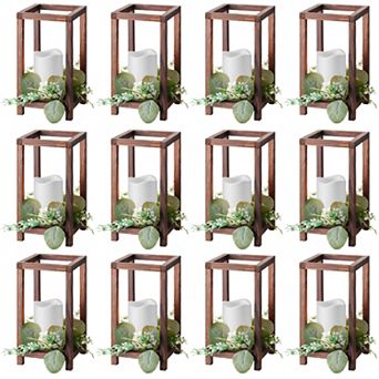 Wooden Wedding Lantern Set with LED Candles and Eucalyptus Wreaths, 12-Pack