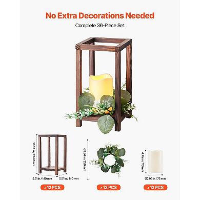 Wooden Wedding Lantern Set with LED Candles and Eucalyptus Wreaths, 12-Pack
