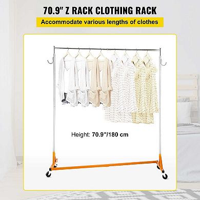 Z-Base Steel Garment Rack with Lockable Casters and Side Hooks for Clothing